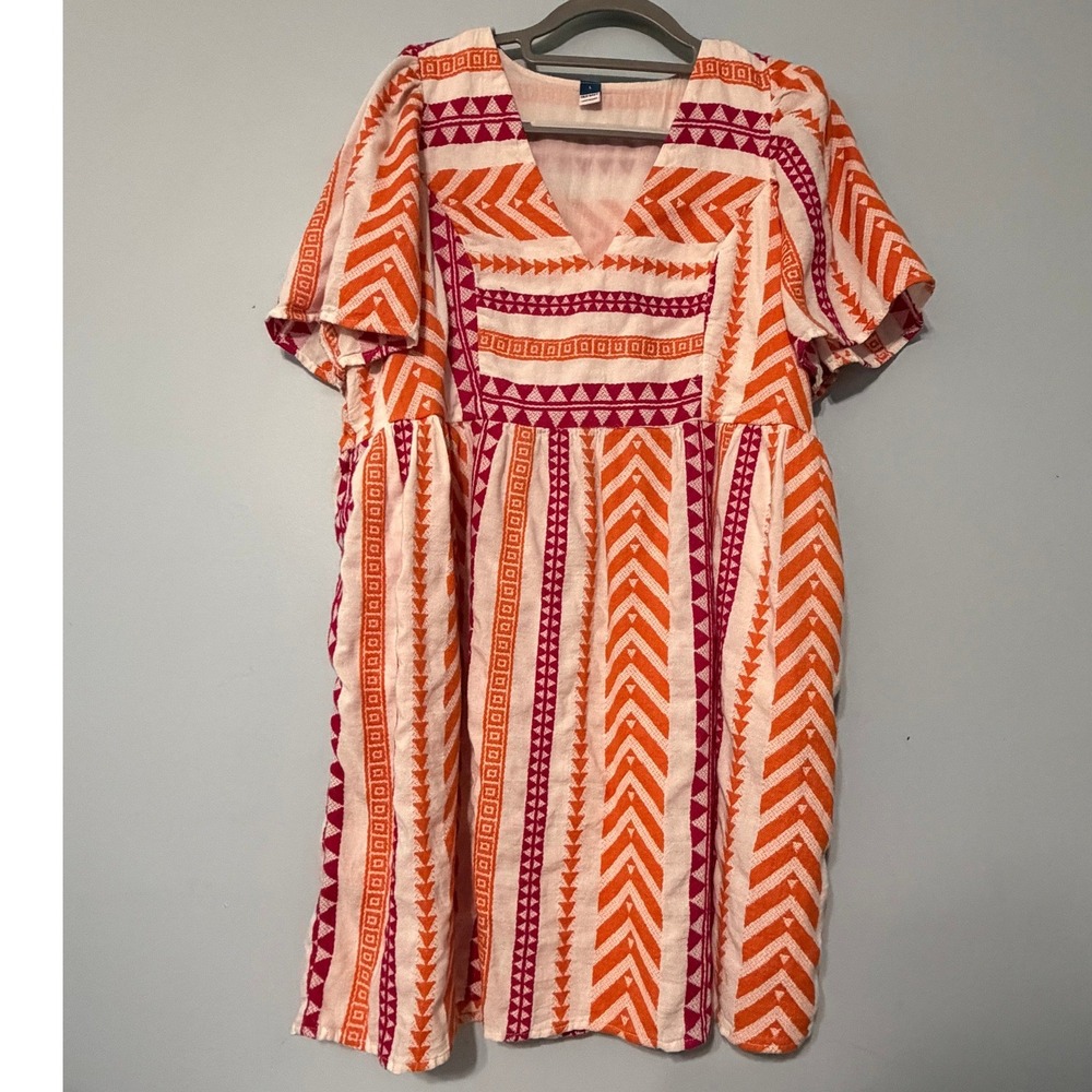 Old Navy L Geometric Tribal Print V-Neck Babydoll Mini Dress Orange Pink 2148
